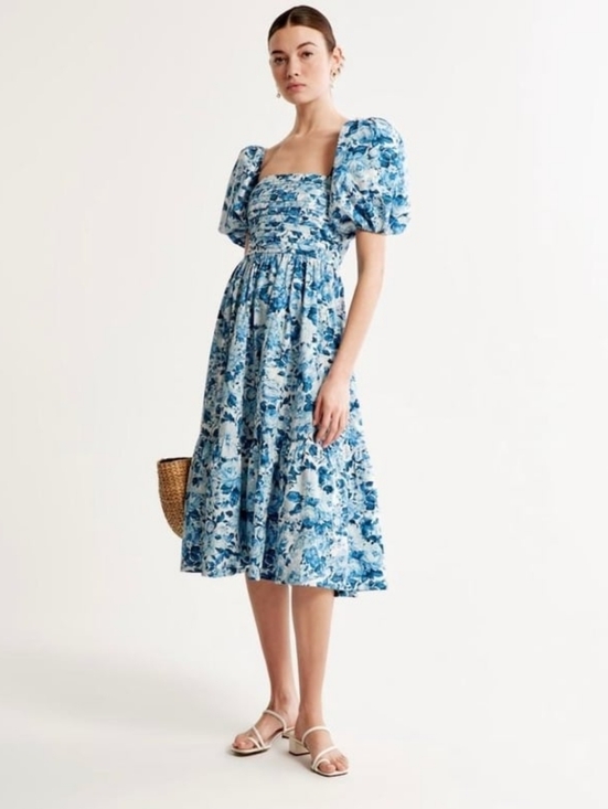 Abercrombie & Fitch Dresses & Skirts - Abercrombie & Fitch Emerson Blue Floral Poplin Puff Sleeve Midi Dress Size LT